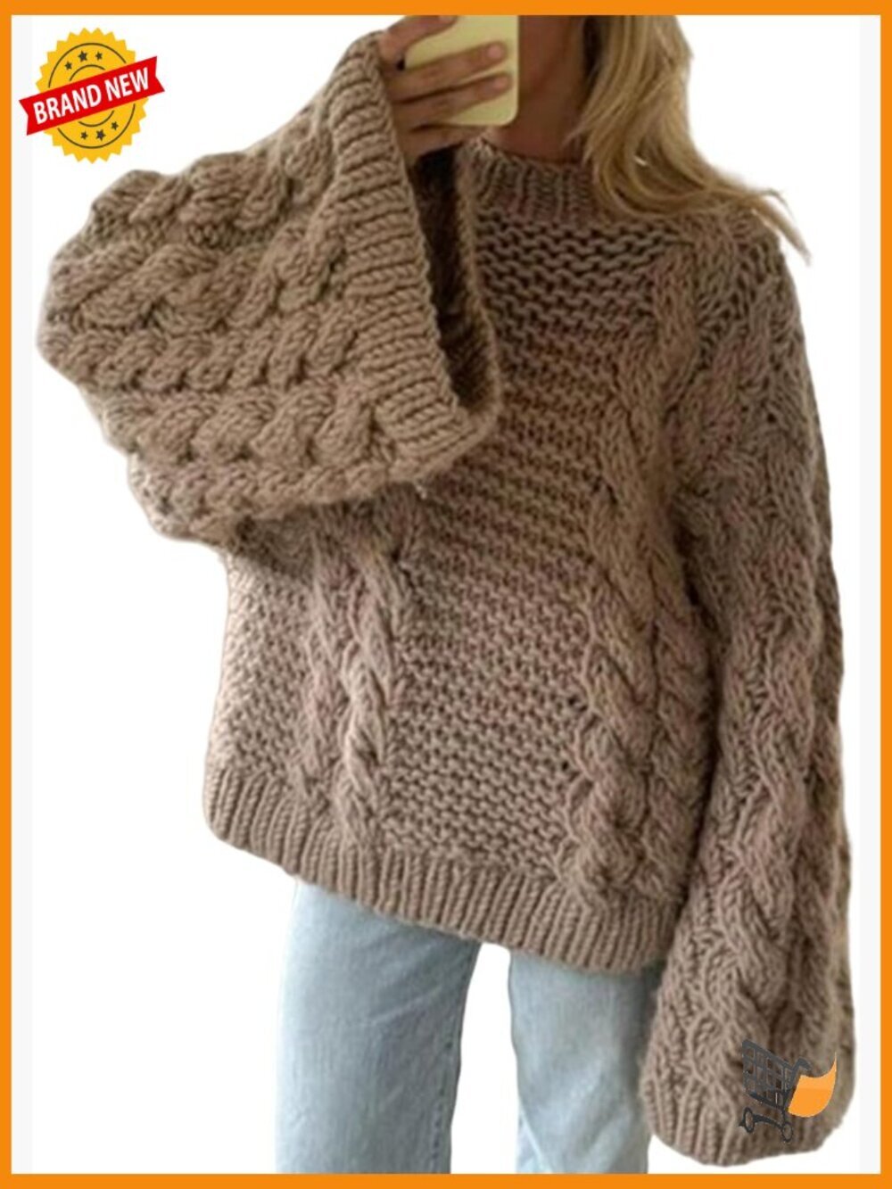 Oversized Cable Knit Sweater Loose Long Sleeve Crewneck Chunky Slouchy Baggy